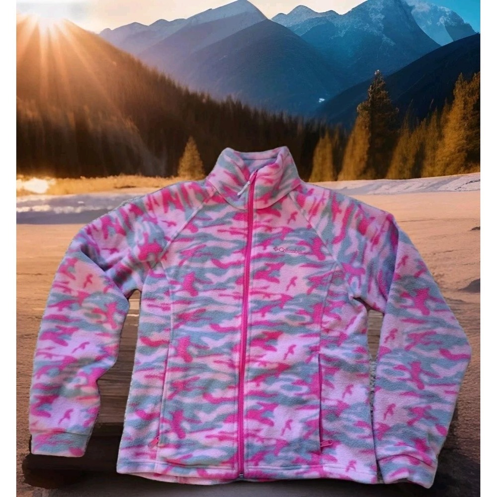 Columbia Fleece Jacket Girls 18/20 Pink Camo Excellent Full Zip Mockâ Neck